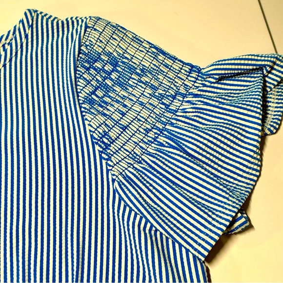 Talbots Seersucker Dress Blue White Striped Flutter Sleeve Size Large NWT - Picture 3 of 7